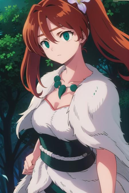 ayame, long hair, brown hair, hair ornament, twintails, (green eyes:1.3), flower, red hair, sword, hair flower, jewelry, necklace, cape, collarbone,