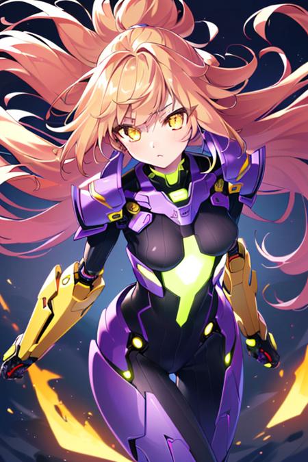 (sfw), intricate details, (bright neon colors), detailed background, night, 1girl, (petite, (cute face, bright glowing yellow eyes), (human torso, petite perky breasts, robotic limbs), (gradient purple and yellow hair, absurdly long hair, hair blowing in the wind)), detailed ribbed impossible bodysuit, shoulder armor, dynamic angle