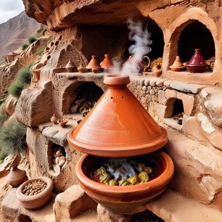 a mountainside kitchen carved into a cliff face, shelves filled with ancient tagines of all sizes, glazed in earthy hues from ochre to garnet, steam rising from a central hearth shaped like a massive clay pot, goats passing silently outside the window, Tagine