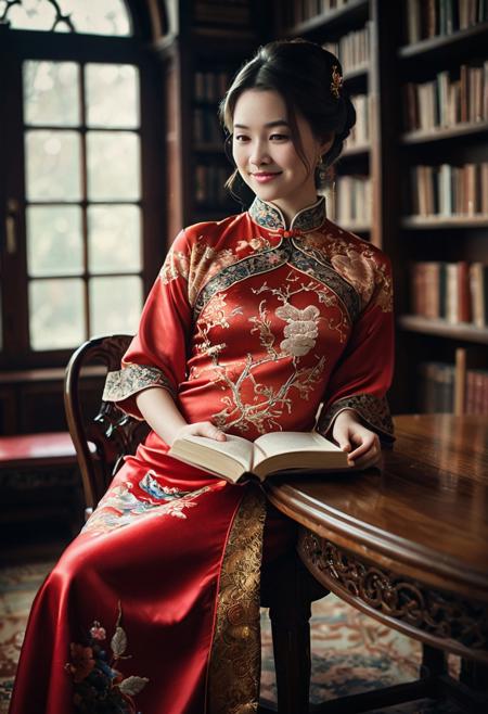 Young antique eropean woman reading a book in a prvate queen library, look at viewer, brunette hair cascading over her shoulders, vivid colors  and soft reds, 
wearing (qipao, satin dress, short dress). (Antique royal gown:1.2) with intricate embroidery, lace collar, and gold accents, worn by a regal queen, her posture elegant and poised, mood relaxed,
looking at viewer, smiles a little, 
lighting natural light streaming through a nearby window, perspective over-the-shoulder, texture soft wool sweater and glossy wooden table.
shallow depth of field, vignette, highly detailed, high budget, bokeh, cinemascope, moody, epic, gorgeous, film grain, grainy,