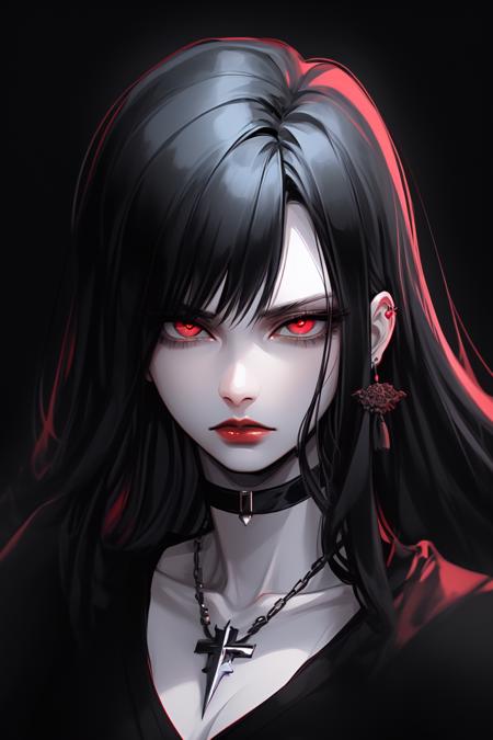 goth girl woman, pale skin, red lips,  japanese bang, high quality, red eyes, simple background, dark background, serious look,  black clothes, choker, detailed face, detailed eyes, black hair, eyelashes, earrings, portrait,  <lora:Goth_girl-v3-000002:0.8>,