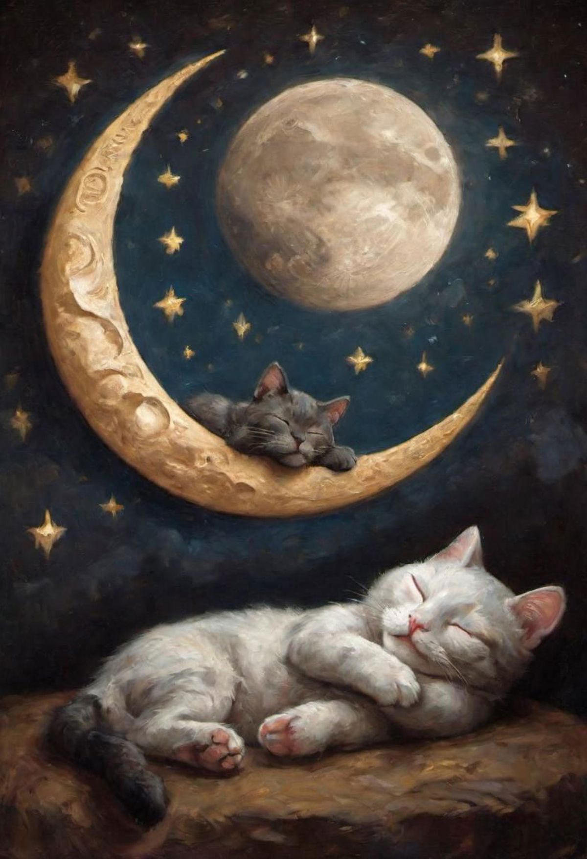 Painting of two cats sleeping on the moon.