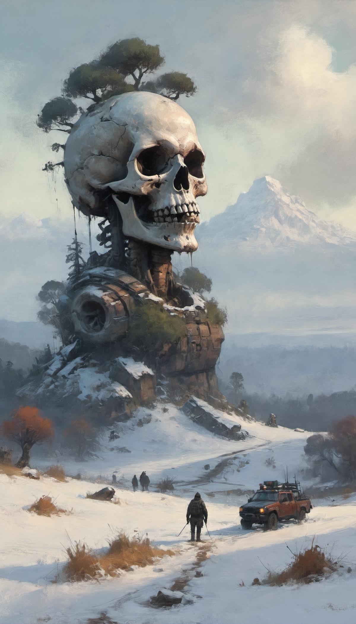 A painting of a skeleton head on a snowy mountain with a large wheel below it.