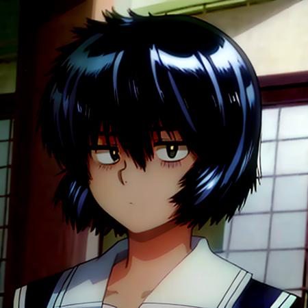 <lora:Urabe Mikoto:1>Mikoto Urabe,1girl,solo,short hair,masterpiece,best quality,bob cut,messy hair,bangs,hair over one eye,green eyes,scissors,blue hair,school uniform,red bow,sailor collar,expressionless