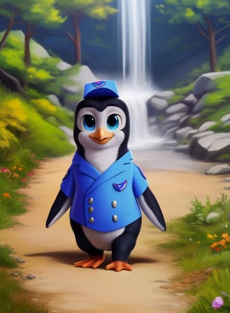 PipPenTots, penguin, blue eyes, orange legs, blue shirt, gray buttons, blue cap, (chibi, small body)