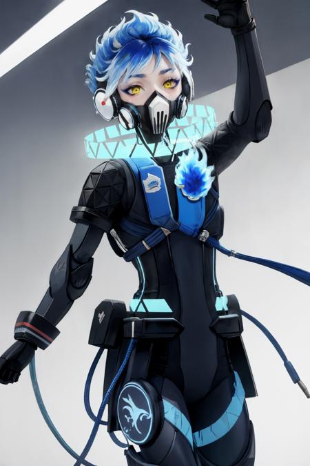 orthoshroud, respirator fiery hair, blue fire, headphones, mechanical parts, robot joints witch hat, robe
