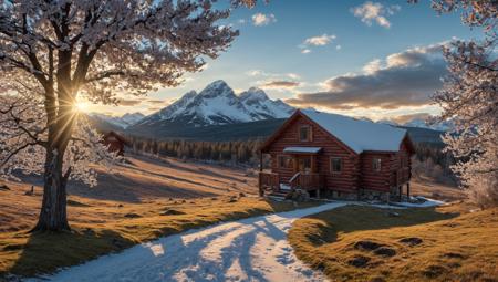 ((masterpiece:1.4,best quality)), cloud,  outdoors
(mountains), spring glade, scenery, sky, winter, (cabin:1.2), tree,
(early morning:1.4),morning red, high detail, abundant, 8k, high detail, wallpaper,