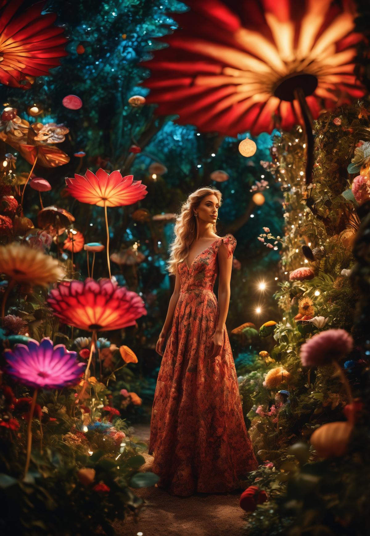 A woman in a pink dress walking through a garden filled with colorful flowers.
