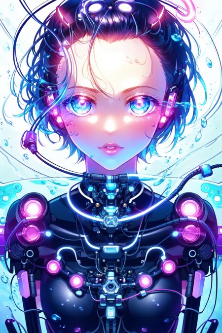 pinastyle, perfect image, highly detailed, perfect frame, (splash art), 1girl, solo, android, lips, damaged, cyborg, glowing, cable, parted lips, upper body, short hair, mechanical parts, forehead mark, looking at viewer, robot joints, mechanical wings, floating hair