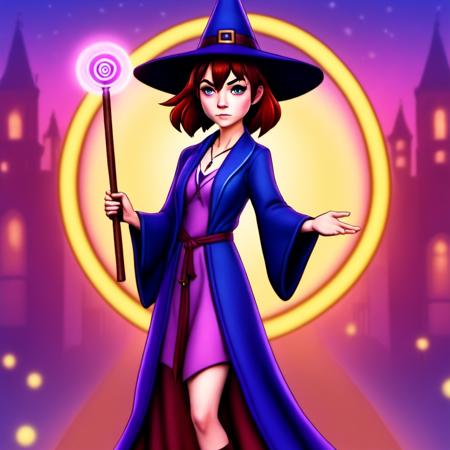 cartooneffects one, anime, 1girl, solo, wizard hat, robe, holding staff, happy, magic circle, midnight, bloom, ambient occlusion, glowing lights, light particles, bokeh
