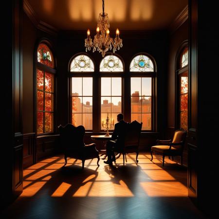 Ultra realistic color pencil  image of
a window looking in on a living room, where the silhouette of a man sitting on a chair, under a chandelier can be seen. The window is broken up into smaller windows by muntins.
BREAK
Dark theme, dynamic lighting, (soft shadows), (soft focus), (photo realistic), uhd, 8k