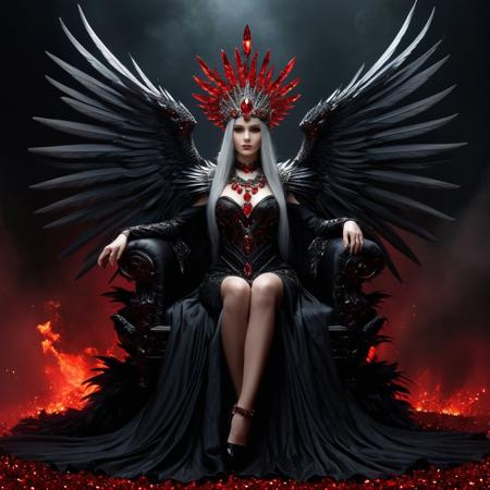 A dark fantasy digital artwork depicts a female figure seated on a 
dark throne with intricate metallic designs resembling dragon scales. The central character has long 
gray hair cascading dramatically around her. She wears an elaborate dress adorned with shiny red crystals and intricate metallic designs, 
dark feathered wings spread symmetrically behind her, 
decorated with bright red crystals and metallic elements. Each wing is composed of countless black feathers. 
The woman's head is crowned with a radiant halo of intense red crystals, 
forming a striking headdress that extends upwards. Her body is adorned with matching jewelry, 
including a prominent red crystal anklet on her left foot. The throne itself features two large skulls positioned on its armrests,
each held by one of the character's hands. The background is swirling clouds and embers, 
enhancing the eerie atmosphere. Around the throne are many scattered human skulls, drowned in darkness, 
rocky terrain, 
adding to the sinister ambiance. The scene takes place in a foggy context, 
smoky backdrop, 
contributing to the mystical yet eerie feeling. Dramatic lighting highlights the central figure while casting deep shadows. highly saturated visual effect that emphasizes the surreal and gothic aesthetic.