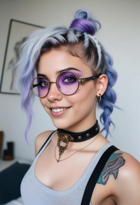 The image is a high-resolution photograph of a young, tattooed individual with a striking appearance. The subject is a woman with a lean, athletic build and a pale, slightly freckled complexion. She has short, spiky hair dyed a vibrant blue, styled in a messy, tousled manner. Her eyes are a striking, piercing blue, and she has a septum piercing with a small, silver ring.
The image is a photograph of a woman standing indoors, dressed in a steampunk-inspired outfit. She has a light skin tone and is smiling warmly at the camera. Her hair is styled in a high ponytail with a vibrant purple hue, featuring a few strands dyed a darker shade. She wears a pair of goggles on her head, adorned with brass accents and a leather strap, suggesting a steampunk aesthetic.
The image is a high-resolution photograph of a young woman with a light skin tone, likely of mixed ethnicity, posing indoors in a modern, minimalist bedroom. She has long, intricate braids styled with a mix of natural and synthetic hair, predominantly in shades of gray and white, with some strands in pastel purple. Her braids are thick and voluminous, cascading down her shoulders and chest.