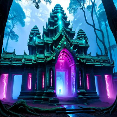 Angkor Wat reimagined as a vast, dystopian biopunk temple complex. Ancient stone towers are fused with biomechanical growths, organic sinewy cables, and tangled roots that glow with eerie neon veins of aquamarine and purple. Massive stone faces are partially transformed with cybernetic circuits etched into their features, illuminated with bioluminescent patterns. The temple walls are cracked and overgrown with biomechanical trees, their trunks pulsing with glowing liquid. Strange pink and blue neon lights outline the temple entrances, casting an ominous glow on the mossy ruins. The atmosphere is dark and foggy, with scattered sparks, misty steam vents, and a jungle overrun by technology and organic mutation. Ultra-detailed, hyper-realistic, cinematic lighting, and a haunting, otherworldly mood.