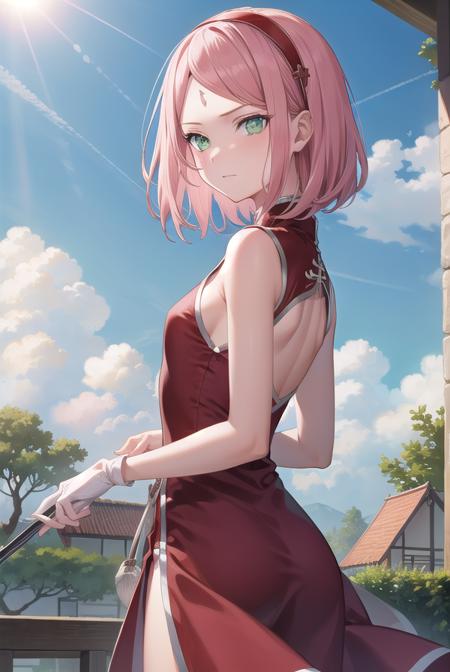 sakuraharuno, <lora:sakuraharunov3-lora-nochekaiser:1>,
sakura haruno, short hair, bangs, (green eyes:1.5), pink hair, hairband, facial mark, (forehead mark:1.2), red hairband, (swept bangs:1.5), (small breast:1.2),
BREAK chinese clothes, dress, (red dress:1.3), short skirt, black shorts, gloves, black gloves, sleeveless,
BREAK outdoors, forest, nature, sky, cloud, sun,
BREAK looking at viewer, (cowboy shot:1.5),
BREAK <lyco:GoodHands-beta2:1>, (masterpiece:1.2), best quality, high resolution, unity 8k wallpaper, (illustration:0.8), (beautiful detailed eyes:1.6), extremely detailed face, perfect lighting, extremely detailed CG, (perfect hands, perfect anatomy),