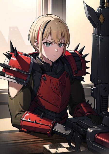 (1girl, streaked hair short hair nihongami, green eyes, <lora:grgr-eye:0.6> expressionless, blake stare, pout) (digital) ( resting in detailed laboratory, (red armor, shoulder armor, spikes, checkerboard, weapon)) , best quality, <lora:boldline:0.2>  <lora:hairdetailer:0.2> orkz,  <lora:orkz:1>