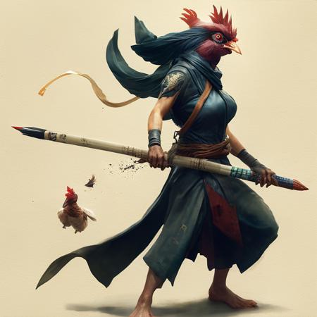 a female chicken ninja wielding a pencil. rimlight, subsurface scatter, blank background. fking scifi v2, art by smoose-2-500