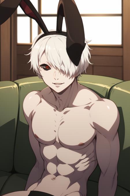 1boy, rabbit ear, white hair, hair over one eye, black scelera, red eyes, pale skin