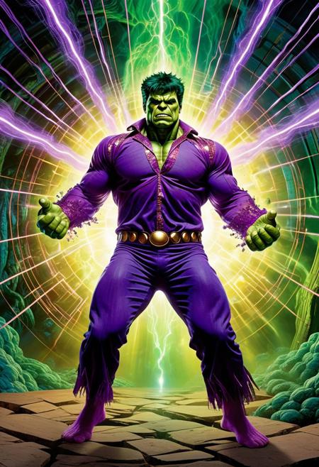 Surreal, Centered, The Incredible Hulk, Dressed In A ripped Purple Elvis Jumpsuit, levitating or centered in a mystical or ethereal environment, surrounded by multiple translucent, ectoplasmic afterimages with trailing energy wisps of subject rapidly splitting off and moving outward in various directions, creating a sense of motion, energy, and otherworldly power, The duplicates appear semi-transparent, glowing faintly, and fading into the background like echoes in time, purple and green energy resonance, complementary color harmony, Cinematic lighting, high detail, dynamic composition --chaos 7-12 --exp 5 --profile jack kirby--stylize 100-200 --style raw --weird 50