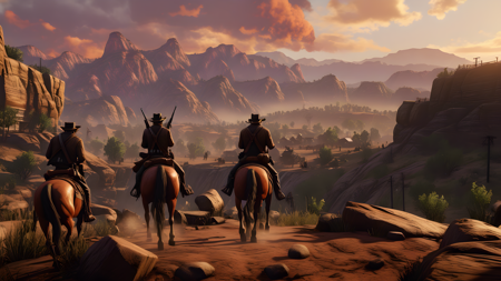 Picture a photorealistic scene from Red Dead Redemption 2. Arthur Morgan, clad in rugged outlaw attire, stands atop a rocky outcrop overlooking a sprawling valley at dusk. The sky is painted in hues of orange and purple as the sun sets behind distant mountains.
