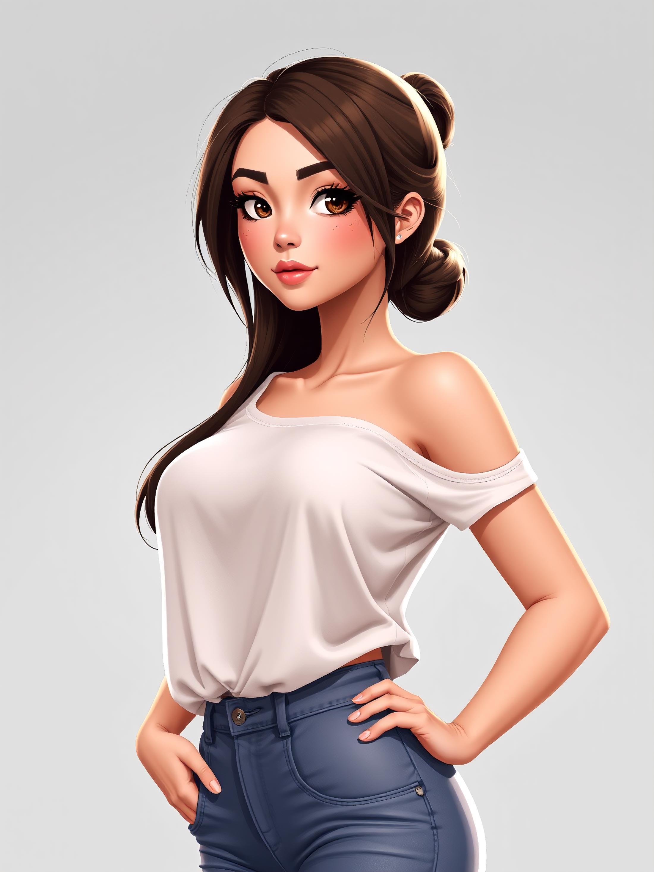 3d cartoon of a beautiful 25yr girl wearing a loose top that shows sideboob