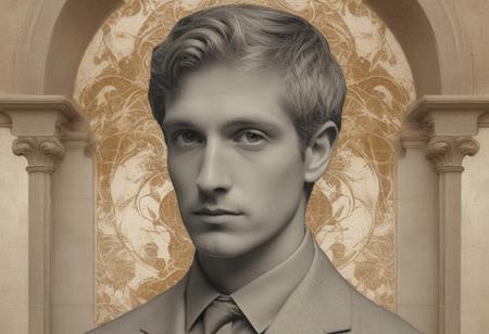 A surreal and artistic portrait of a man, designed in a collage style with a focus on classical architectural elements. The man's face ( front facing face ) is partially abstract, fragmented, and painted in muted yet striking shades of sepia, bronze, and teal, emphasizing a timeless aesthetic. Surrounding the face are intricate architectural motifs, including grand arches, ornate pillars, and stained glass windows with intricate patterns glowing softly. Subtle hints of vintage urban maps and textures are layered in the background, blending seamlessly with aged parchment and faint ink sketches of ancient cityscapes. Floral elements are minimal, limited to a few muted olive and gold ivy vines intertwined with the architecture. The composition is balanced with splashes of metallic gold and soft cream tones to add depth, with scattered ink splatters and delicate, hand-drawn filigree to enhance the classical theme. The background is textured with faint gradients, transitioning from soft cream to warm, earthy hues. The overall design conveys a sense of history, sophistication, and introspection.