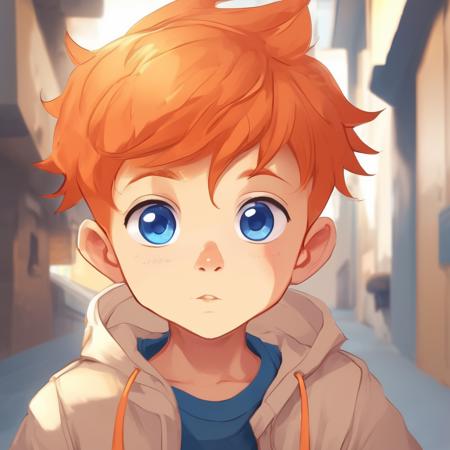 A cute little boy with orange hair and blue eyes
 ,ExCRedmAF <lora:ExplosionCartoon-ExCRedmAF:1>