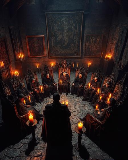 a hyperrealistic image with extreme details of a group of people sitting in a circle in extravagant chairs, wearing secret society clothing.  There are many candles in the room of stone floor and walls.  Shadows from the candles.  Tapestries hanging on the walls.