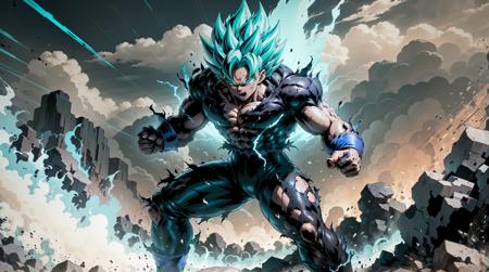 Super Saiyan Broly unleashes a colossal energy wave that shatters the ground and creates a massive shockwave. He stands on a rocky terrain with a stormy sky in the background. The energy wave is a mix of green and blue hues with a swirling pattern. (dark:1.2), (epic:1.3), (chaotic composition:1.2), (metallic:1.1), (gritty texture:1.1), (comic book:1.2), (((3D))), (((realistic))), <lora:Dragon Ball_v2:0.6>,