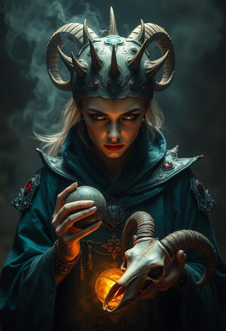 score_9, score_8_up, score_7_up, score_6_up, score_5_up, score_4_up, quality, intricate details, Mystical light. Fog. The feminine mage's severed head evil and mystical, with spiky robes that seem made of teal cloth with golden stitches. Epaulettes. a ball in one hand and mysterious goat skull in another hand, Rubies, symbolizing their magical power. Glow. a dark evil gaze that hints at their ancient knowledge and mystical prowess. alchemical laboratory, blending the natural with the magical, Soft natural lighting, High Definition HD, High Detail, Perfect Composition, ral-vudu, horror (theme), hud_s3v_h3ad, holding, holding head