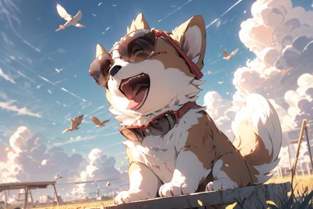 ,(Masterpiece:1.2, high quality),
sunglasses, sky, dog, outdoors, open mouth, no humans, cloud, day, blue sky, animal focus, animal, contrail, smile, solo, red bow, closed eyes, tongue, bow, bird, white fur, sitting, blush, tail, tongue out
 <lora:dog_20230627135046-000018:1>