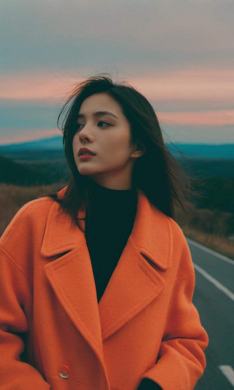 A beautiful young woman with long hair wearing an orange jacket and a black top.