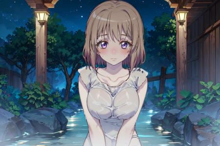 masterpiece, best quality, 1girl, solo, wet (onsen clothes: 1.5), shy, blush, water, starry sky background, <lora:IsekaiOjisan-Alicia-release-1.0:0.8>