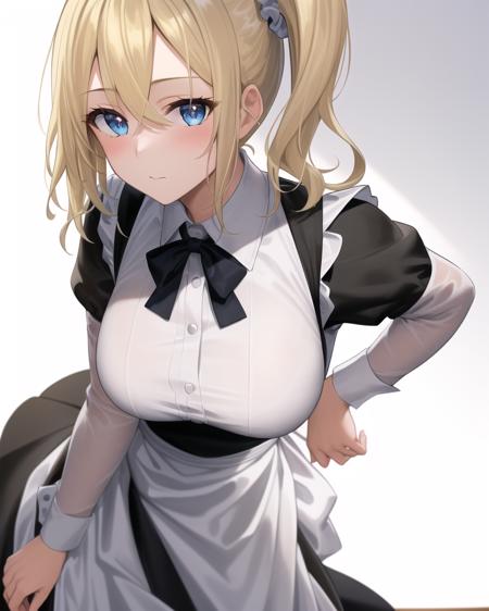 best quality,highly detailed,masterpiece,ultra-detailed,solo,1girl,(white background:1.2),delicate eyes,hayasaka_ai,full body,blue_scrunchie, short hair,blue_eyes,hair_between_eyes, side_ponytail,(blonde_hair:1.2),sidelocks,standing,bored,maid dress,leaning forward,large breasts,