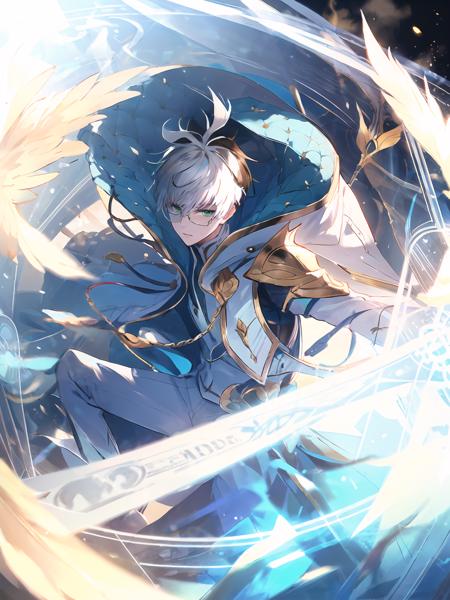 masterpiece,best quality,highres,cinematic lighting,dramatic angle,1boy,<lora:ShadowverseWilbertV6-000020:0.8>,white hair,two-tone hair,black hair,glasses,green eyes,white suit,ribbon,cape,(holding sword:0.8),sword,shield,(holding shield:1.2),looking at viewer,serious,dynamic angle,magic shield,magic circle,wings