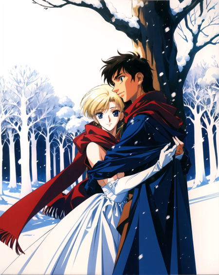 yuuki nobuteru, 1990s \(style\), 1boy, 1girl, blonde hair, cloak, dress, elbow gloves, forest, gloves, hood, hood up, hug, nature, outdoors, red scarf, retro artstyle, scarf, snowing, white dress,  ((masterpiece)) <lora:yuuki_nobuteru_offset:1>