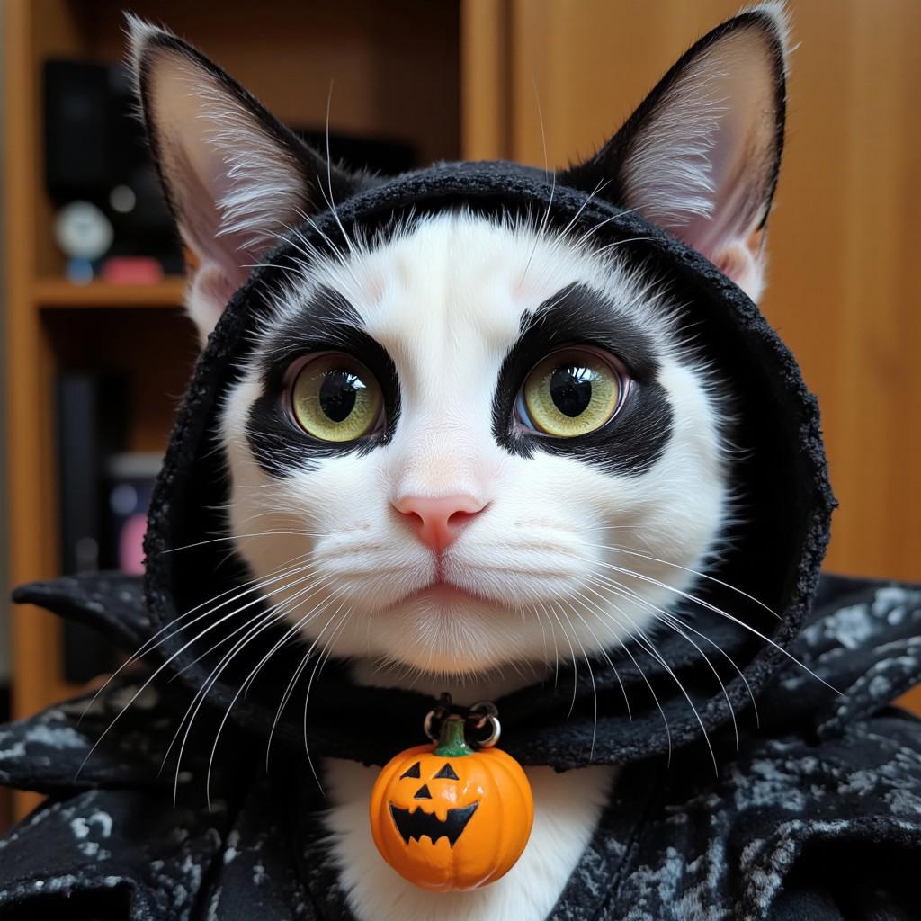 a cat cosplaying Jack Skellington,the face is painted like the face of Jack Skellington