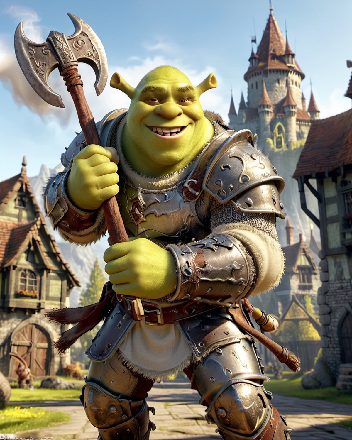 Shrek the Dragon in a medieval setting holding a sword.