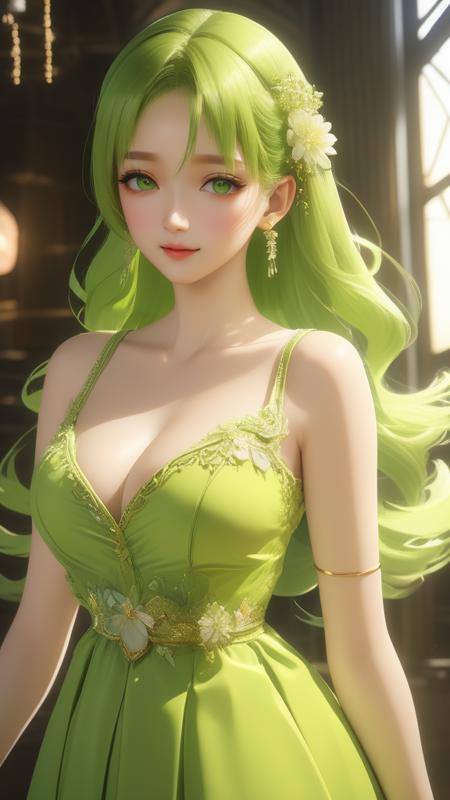 (masterpiece,best quality:1.5),ultra realistic,32k,RAW photo,(high detailed skin:1.2), 8k uhd, dslr, soft lighting, high quality, film grain,specular lighting ,(ð,ðï¸),ð, pretty girl,goddess of love, royal style, Lime green dress,(ð,â­ï¸,â¨),((wind)), sexy, large  breast, refinery, anime