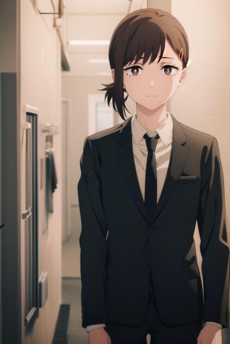 kobenihigashiyama, <lora:kobeni higashiyama s1-lora-nochekaiser:1>,
kobeni higashiyama, black hair, hair ornament, hairclip, mole, mole under eye, ponytail, short hair, (brown eyes:1.5),
BREAK black necktie, black pants, business suit, formal, long sleeves, necktie, pants, suit, 
BREAK indoors, office,
BREAK looking at viewer, (cowboy shot:1.5),
BREAK <lyco:GoodHands-beta2:1>, (masterpiece:1.2), best quality, high resolution, unity 8k wallpaper, (illustration:0.8), (beautiful detailed eyes:1.6), extremely detailed face, perfect lighting, extremely detailed CG, (perfect hands, perfect anatomy),