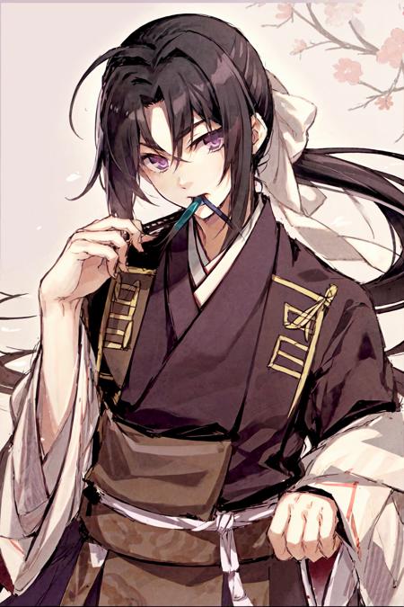 Hijikata Toshizou,  black hair,  japanese clothes,  long hair,  looking at viewer,  mouth hold,  ponytail,  purple eyes,  ribbon, <lora:EMS-46732-EMS:1.000000>