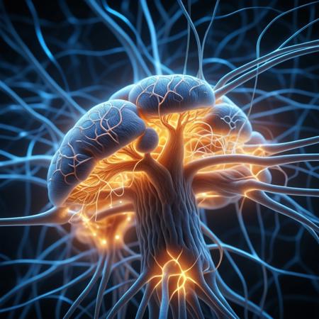 Generate an image of a close-up view of neurons glowing and connecting inside a human brain. Around the edges of the image, lion’s mane mushrooms appear as if they’re fueling the process of neural regeneration and rewiring. ultra realistic