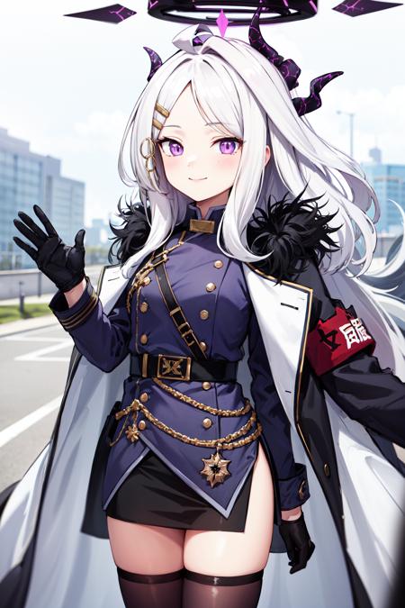 masterpiece,best quality,highres,ultra-detailed,aahina,halo,horns,long hair,ahoge,sidelocks,parted bangs,hairclip,military uniform,coat on shoulders,coat,fur-trimmed coat,jacket,long sleeves,armband,black gloves,belt,pencil skirt,black skirt,side slit,(wings:1.2),low wings,(purple thighhighs:1.2),knee boots,black footwear,<lora:hina_(blue_archive):0.9>,outdoors,cowboy shot,smile,waving,standing,