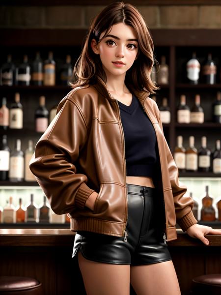 Realistic photo of a beautifuld41sy3dg4r woman,1girl,solo,looking at viewer,brown hair,long sleeves,brown eyes,standing,jacket,shorts,indoors,blurry,black shorts,brown jacket,realistic,leather,bar (place), soft lighting, professional Photography, Photorealistic, detailed, RAW, analog, sharp focus, 8k, HD, high quality, masterpiece<lora:d41sy3dg4r:1.0>