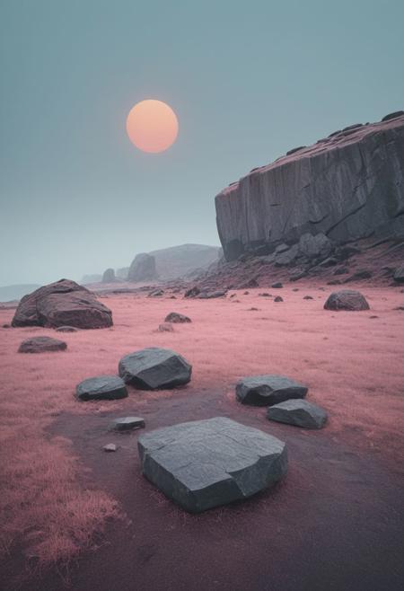 ((masterpiece,best quality)), minimalist, carbonite planet, infrared picture, soft colors, sad theme,   outdoors, field, giant sharp dark rocks, scenery, pale sun, fog,Simon Stlenhag style, very empty space, wery wide angle, panoramic