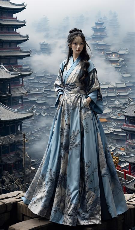 (dramatic, gritty, intense:1.4),masterpiece, best quality, 32k, insane details, intricate details, hyperdetailed, hyper quality, high detail, ultra detailed, Masterpiece, elaborate Hanfu(blue Hanfu:1.4)(Chinese architecture:1.5)blue
1 girls, smokefogA high fashion model, in an elaborate Hanfu designed by Alexander McQueen, stands amidst a bustling metropolis' futuristic architecture. This full body shot for Vogue, captured by Andreas Gursky, melds tradition and modernity
<lora:~Q?-[lIg
:0.9>