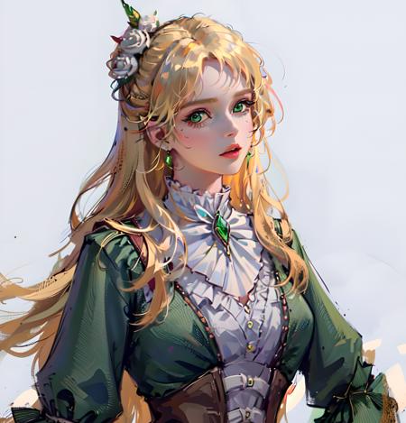 masterpiece, best quality, ultra-detailed,best shadow,1girl,solo,((portrait)),long hair,blond hair, green dress,white jabot,green gemstone,white background, looking at viewer,<lora:Audrey-000010:1> <lora:WLOPStyle_NAI_c_Extended:0.7>