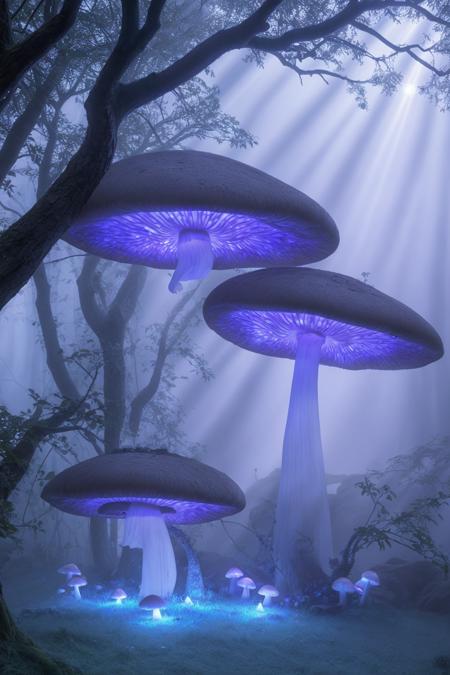 misty enchanted forest, glowing mushrooms scattered on the forest floor, ancient trees with twisting branches, soft blue and purple lighting, gentle fog rays through trees, fantasy magical vibe, high detail forest floor