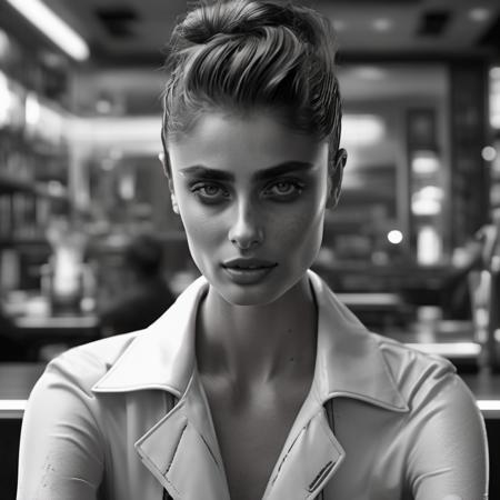 <lora:taylor_hill_xl_lora_30:1>  taylor hill woman masterpiece, close up,  concept art, highly detailed, (black and white), mid shot, centered, dynamic angle, cyberpunk theme, stylish, stylish hair, Cafe background, Volumetric lighting, depth of field, focused shot, (epic composition, epic proportion), Award winning, HD