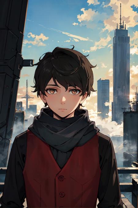 twenty-fifth bam, 1boy, red vest, black shirt, long sleeve, scarf, solo, looking at viewer, upper body, potrait, tower, cityscape, sky, spacecraft, skyscraper, fantasy, fog, (masterpiece:1.2, best quality)